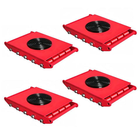 Rock Solid Heavy Duty Industrial Machinery Mover Set Packs 40 Ton Muscle And Seamless 360 Degree Swivel Plates in red for smooth equipment movement.