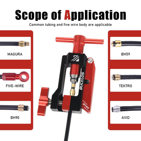 2 In 1 Bike Brake Hydraulic Needle Driver And Hose Fitting Insert Tool for MTB and Road, shown with compatibility options