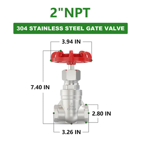One Piece 304 Stainless Steel Gate Valve 2 Inch NPT Female Rotary Sluice Valve With Wheel Handle dimensions diagram