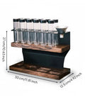 Two Tier Wooden Coffee Bean Storage Rack With Airtight Glass Jars Featuring Black Vent Lids Countertop Flex Freshness Sealer Brew Day Ready Kitchen Organization Set Keep Beans Crisp with glass jars and black frame.