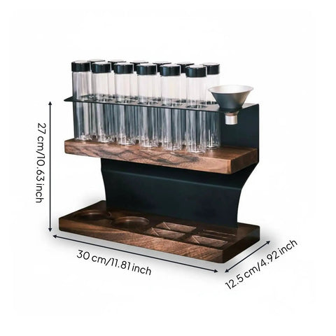 Two Tier Wooden Coffee Bean Storage Rack With Airtight Glass Jars Featuring Black Vent Lids Countertop Flex Freshness Sealer Brew Day Ready Kitchen Organization Set Keep Beans Crisp with glass jars and black frame.