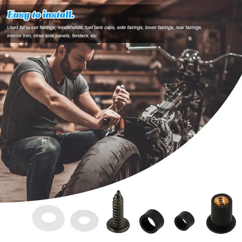 Top Shelf Aluminum Motorcycle Fairing Bolt Kit With Rock Solid Grip for M5 M6 shown with tools and fastener parts in use.
