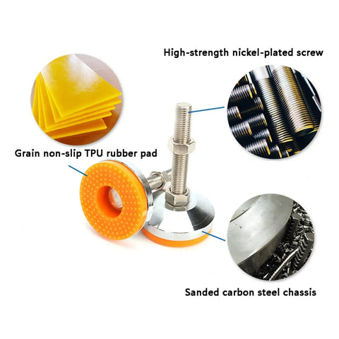 4 Adjustable Leveling Feet For Furniture And Cabinets Heavy Duty Plated Steel Swivel Levelers Built To Stop Wobble And Vibration Easy Install For Tables Workbenches Shelves And Bookcases, nickel-plated steel with TPU pad