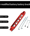 Heavy Duty Aluminum Alloy Car Battery Hold Down Bracket, Red triangular mounting frame with j hooks and nuts for secure fastening.