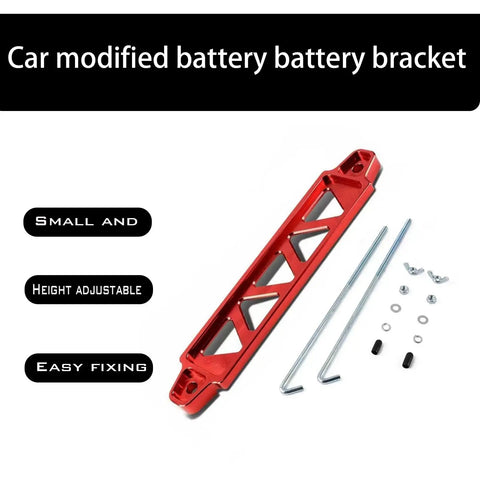 Heavy Duty Aluminum Alloy Car Battery Hold Down Bracket, Red triangular mounting frame with j hooks and nuts for secure fastening.