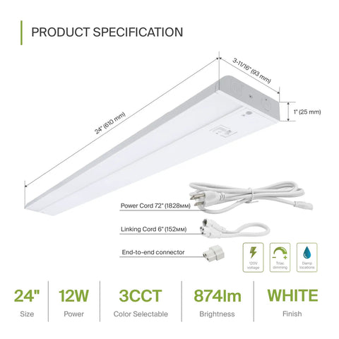 24 Inch LED Under Cabinet Lighting Kit With Plug In Or Hardwired Install, Dimmable Under Cabinet Lights, 3 CCT 2700K 4000K Adjustable