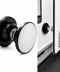 RV Magnetic Door Catch With Heavy Duty Hold Strong Magnet Door Stopper for camper, adhesive and screw mounting shown in use