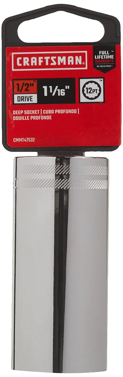 Deep Socket SAE One Half Inch Drive One And One Sixteenth Inch Twelve Point with Chrome Finish, Built To Last, Corrosion Resistant, Quick Engagement, Large Markings, Meets ASME Standards, Full Lifetime Warranty
