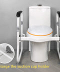 Ultimate Toilet Safety Rail With Padded Arms, Adjustable Height Bathroom Frame installed on white toilet