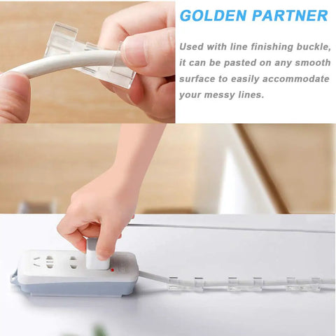 Hand using cable clip from four pack self adhesive power strip holders wall mount brackets with sixteen cable organizer clips clear finish