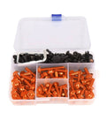 Universal Motorcycle Fairing Bolt Kit With 5mm And 6mm Allen Wrenches, Screws, Grommets, Nuts, Bolts, Washers, And Clips No Fuss Install Metric Hardware Set For Most Sportbike Models Orange in organizer box