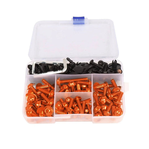 Universal Motorcycle Fairing Bolt Kit With 5mm And 6mm Allen Wrenches, Screws, Grommets, Nuts, Bolts, Washers, And Clips No Fuss Install Metric Hardware Set For Most Sportbike Models Orange in organizer box
