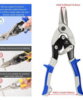 Heavy Duty Aviation Tin Snips For Sheet Metal, 10 Inch Straight Cut Shears In Chrome Vanadium Steel, shown with blue handles
