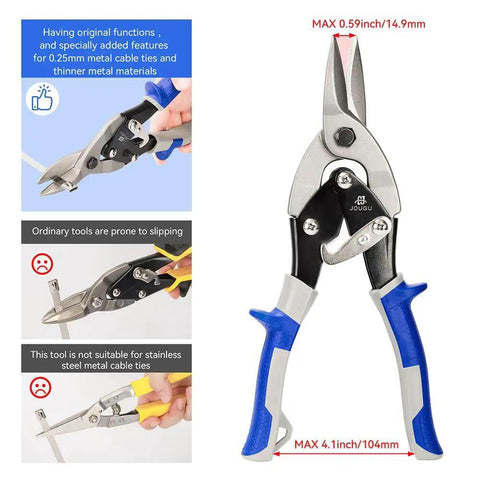 Heavy Duty Aviation Tin Snips For Sheet Metal, 10 Inch Straight Cut Shears In Chrome Vanadium Steel, shown with blue handles