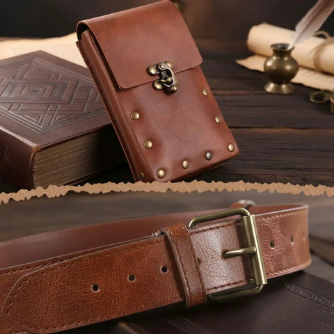 Totally Dope Medieval Belt Pouch Kit With A Versatile Renaissance Hip Bag And Handy Utility Loop, classic brown faux leather pouch and belt.