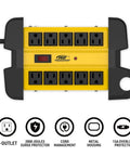 Beefy Metal Heavy Duty Surge Protector Power Strip With 10 Outlets, 2800 Joules Protection, 15A Circuit Breaker shown front view