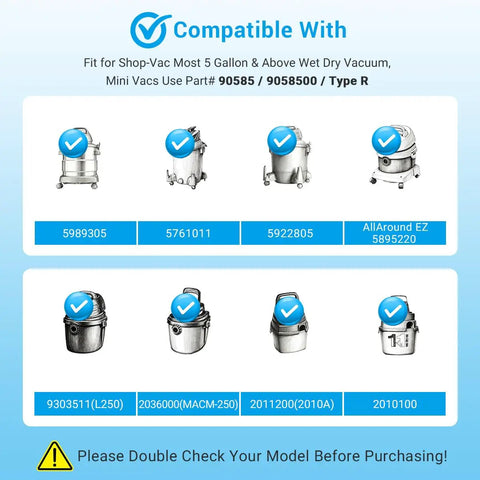 Compatibility chart showing various wet dry vacuum models and part numbers for 4 Pack Foam Sleeve Filter For 5 Gallon And Above Wet Dry Vacuums