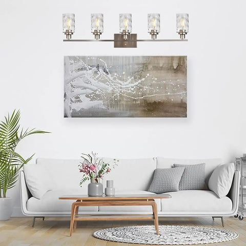 Living room with 5 Light Brushed Nickel Vanity Light Fixtures with Hammered Glass Shades for modern bathrooms and entryways.