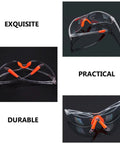 Four Pack Real Deal Fogless Safety Glasses With Thick Padding And Rounded Edges Windproof Splash Goggles in clear with orange accents.