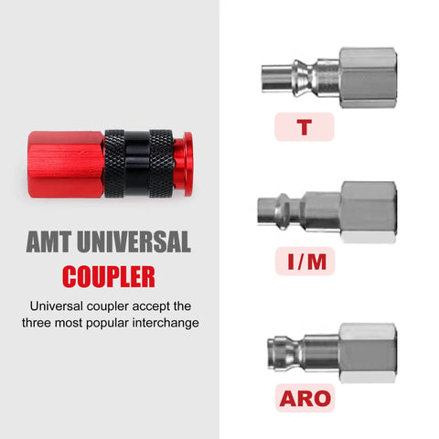 25 Piece Set One Quarter Inch NPT Air Coupler And Plug Kit Quick Connect Fittings, showing AMT universal coupler with T, I/M, ARO plugs