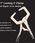 11-inch locking C clamp with regular welding tip, visible max opening 3.4 inches and jaw depth 2.4 inches