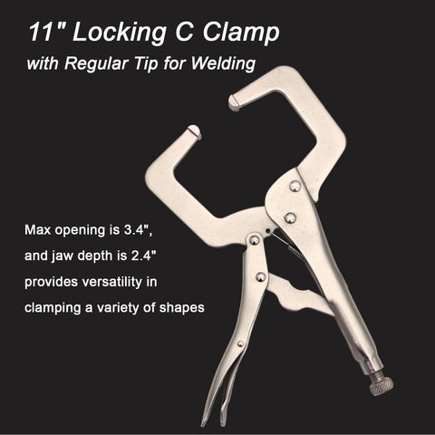 11-inch locking C clamp with regular welding tip, visible max opening 3.4 inches and jaw depth 2.4 inches