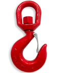 5-ton swivel crane hook with safety latch, red steel body, front view
