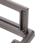Close-up of Hidden Cabinet Door Handle Set In Zinc Alloy, Flush Mount Sliding Pulls in dark grey, square design, 64mm.