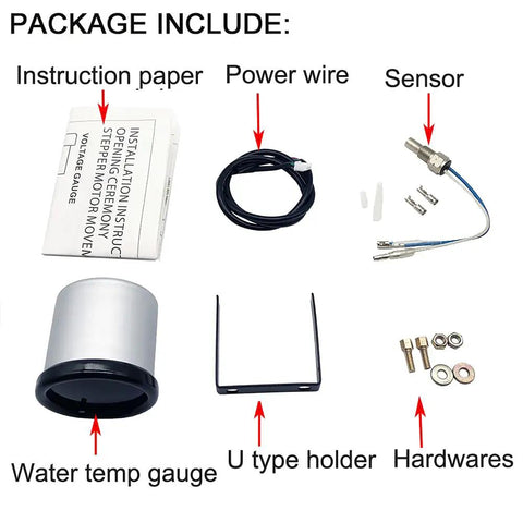 Package contents of 52mm Water Temperature Gauge With 7 Color LED Backlit Tint Lens, sensor, power wire, holder, and hardware.