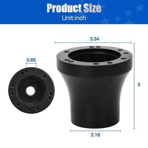Slick Black Steering Wheel Adapter For EZGO TXT And RXV Golf Carts, showing size details in inches for precise fitment.