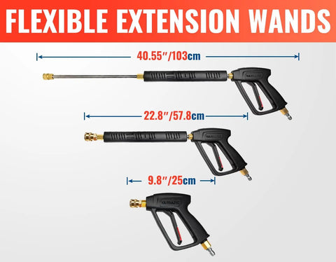 360 Degree Swivel Pressure Washer Gun Wand With Three Eighths Plug And M22 Coupler Stainless Steel Extension Lance Replacement For Ryobi Simpson Craftsman Power Washers Foam Cannon Car Wash Up To 4000 PSI flexible extension wands in three adjustable lengths.