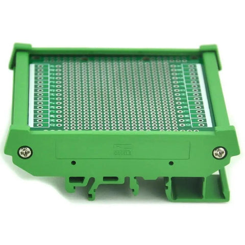 DIN Rail Mounting Carrier Housing with prototype board for DIY prototyping, green color, fits 35mm 32mm or 15mm rails.