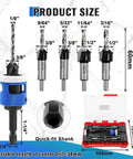 Heavy Duty Adjustable Depth Stop Carbide Countersink Bit Set With HSS M2 Tapered Drill Bits and Quick Release Quarter Inch Hex Shank for Built Tough Woodworking Plywood MDF Jobs with 5 drill bits and a quick-fit shank.