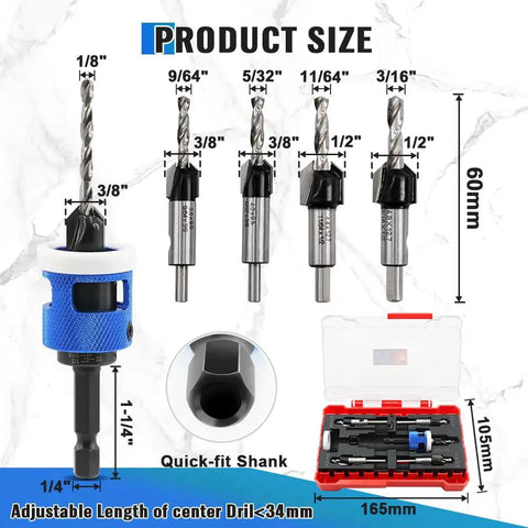 Heavy Duty Adjustable Depth Stop Carbide Countersink Bit Set With HSS M2 Tapered Drill Bits and Quick Release Quarter Inch Hex Shank for Built Tough Woodworking Plywood MDF Jobs with 5 drill bits and a quick-fit shank.