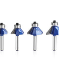45 Degree Chamfer Router Bit Set For Woodworking, 1/4 Inch Shank, Cutting Diameters 1/2 Inch, 5/8 Inch, 11/32 Inch, 25/64 Inch