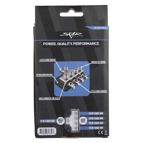 Heavy Duty Car Audio Power Distribution Block With Rock Solid Zinc Alloy Build, 1 Or 4 Gauge Input And Four Outputs With Reducers, Premium Block Cover For Safe Install And Peak Conductivity. Package front view with 1/0 or 4 gauge wire labels