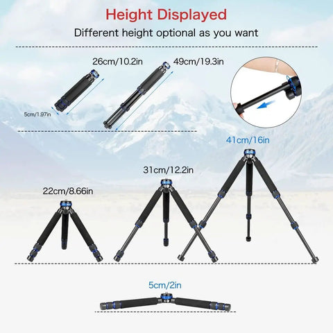Different height options displayed for Built Different Mini Tripod Lightweight Aluminum Construction With Quarter And Half Inch Threads.