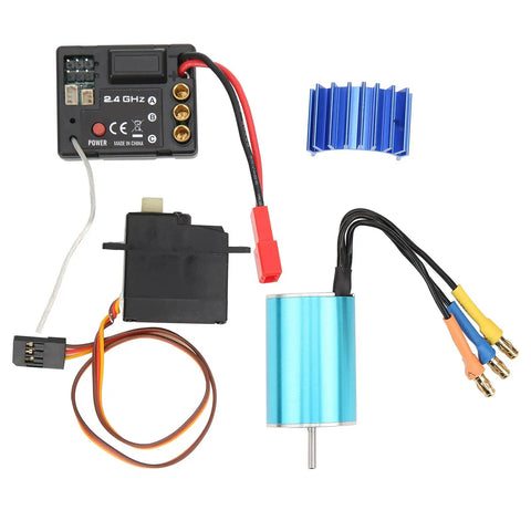 Smooth Operator Brushless Motor Esc Servo Combo With Upgraded Cooling System For Radio Control Cars components layout including motor, ESC, and servo.