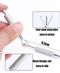 Close-up of Piercing Ball Grabber Reacher Tool For Easy Jewelry Swap, Pro Grade Stainless Steel Flat Back Earrings Applicator, Threadless Insertion Pin, Four Claw Holder Design, Works Great For Ear Nose Lip Piercings, Safe, Durable, Reusable, showing four-claw grip and mesh handle design, 6.3cm length.
