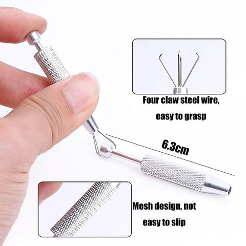 Close-up of Piercing Ball Grabber Reacher Tool For Easy Jewelry Swap, Pro Grade Stainless Steel Flat Back Earrings Applicator, Threadless Insertion Pin, Four Claw Holder Design, Works Great For Ear Nose Lip Piercings, Safe, Durable, Reusable, showing four-claw grip and mesh handle design, 6.3cm length.