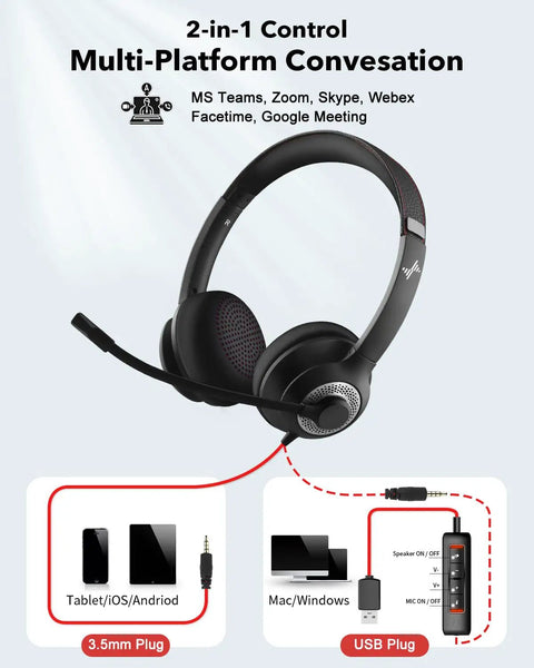 USB Headset With Noise Cancelling Microphone For PC And Laptop On Ear Headphones With Inline Control All Day Comfy 3.5mm And USB