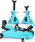 Low Profile Hydraulic Floor Jack And Jack Stands Combo 2 Ton Capacity 4000 Lbs Includes 2 Ratchet Jack Stands Lifting Range 11 To 17 Inches Heavy Duty Steel Welded Frame Workhorse Garage Set displayed in Tiffany Blue color