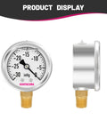 GOATACURA glycerin-filled vacuum gauge, 2-inch dial, stainless steel case, 1/4-inch NPT lower mount front view