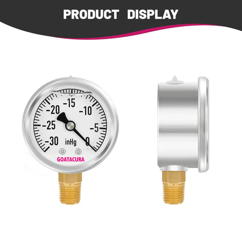 GOATACURA glycerin-filled vacuum gauge, 2-inch dial, stainless steel case, 1/4-inch NPT lower mount front view