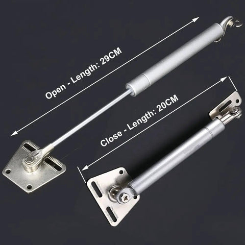 Heavy Duty Drop Leaf Support Hardware For Kitchen Cabinets Soft Close Flap Stay Damper Gas Springs Slow Motion Cabinet Door Hinge Easy Mount Two Pack showing open and close lengths.