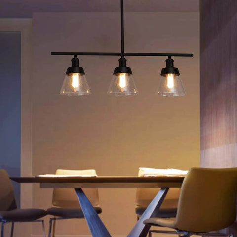 Dope 3 Light Farmhouse Black Kitchen Island Pendant Light With Clear Seeded Glass And Adjustable Rods in dining room