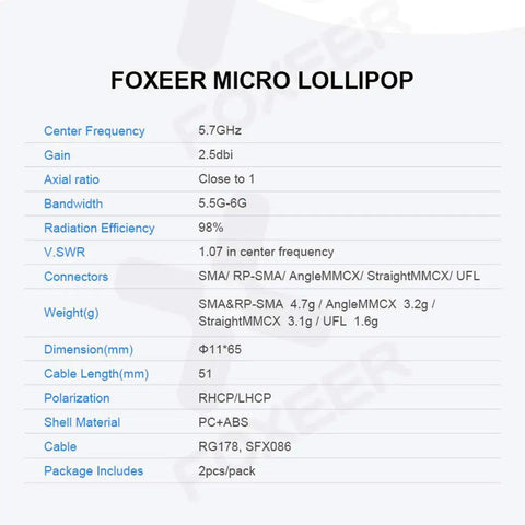 Technical specifications sheet for Foxeer Micro Lollipop FPV Lollipop 5.8G RHCP UFL Antenna For RC Drones Dope Small 65mm High Gain 2.5dBi.