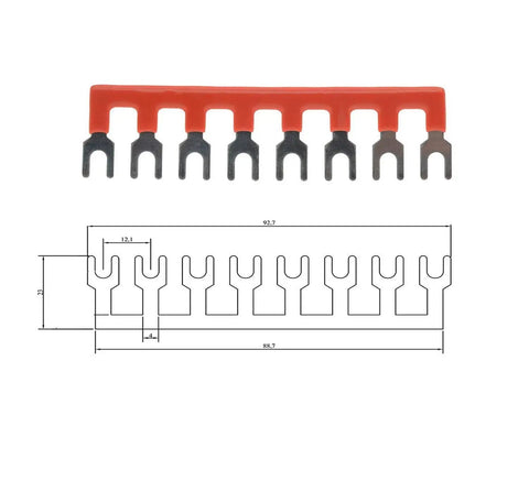 Eight Position Jumper Block Terminal Strips 400V 25A Barrier Fork Type TB2508 Pre Insulated Red And Black diagram front view