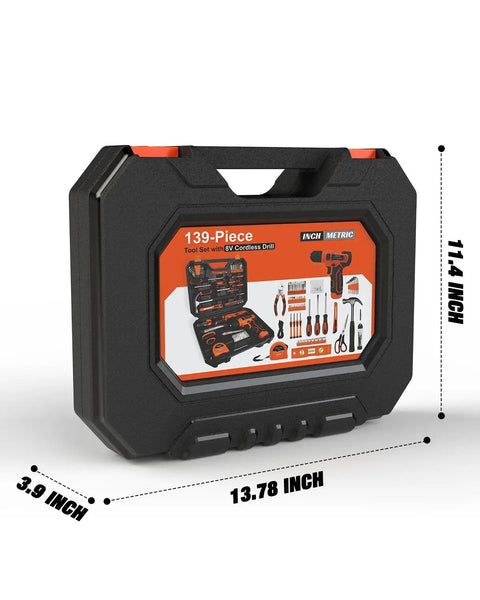 139 Piece Tool Set With 8V Cordless Drill Driver In Sturdy Toolbox Case displayed with dimensions of 13.78 x 11.4 x 3.9 inches