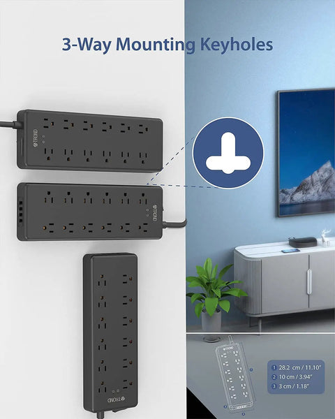 Power Strip Surge Protector With 12 Widely Spaced AC Outlets And 4 USB Ports 5ft Heavy Duty Mountable Extension Cord on wall
